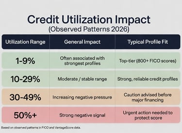 Credit Utilization Impact chart 2026: 1-9% (best for 800+ scores), 10-29% (stable), 30-49% (caution)