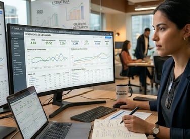 Experto en marketing digital analizando las métricas de rendimiento de Google Ads en un monitor