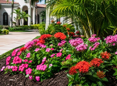 Lush tropical garden landscape with blooming pink and red flowers with fresh mulch