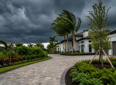 Stormy skies over modern home and palms