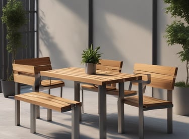 Modern furniture combining carbon steel, stainless steel, wood, and glass in a stylish showroom.