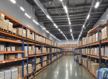 Stacks of janitorial and PPE supplies neatly arranged in a warehouse ready for shipment.