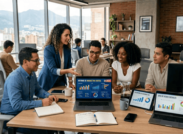 Un equipo de profesionales colaboranbdo en una oficina moderna, las pantallas tienen gráficas