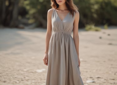 A flowing maxi dress in rich ivory fabric, styled with subtle gold embroidery along the neckline.