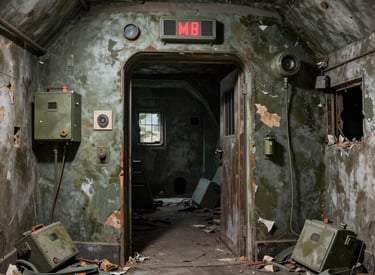 A high-tech underground complex entrance partially covered by desert sand.