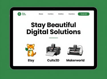 Tablet displaying a website for digital solutions with links to Etsy, Cults3D, and Makerworld.