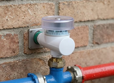Various water installation fittings displayed on a light grey background with a subtle glass texture.