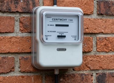 Gray waterproof electrical junction box mounted on a red brick wall with conduit wiring.