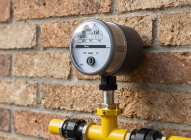 Modern gas installation pipes and connectors arranged on a sleek glass panel with soft lighting.