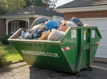 Houses Cleard skip, full of household rubbish.