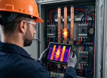 Especialista CBM realizando inspección termográfica en tablero eléctrico y subestación.