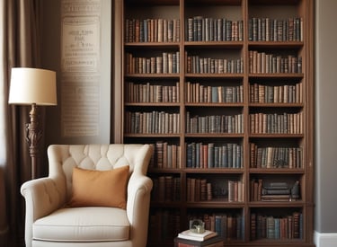 A cozy reading nook bathed in soft purple light with gold ribbons tied around stacked books.