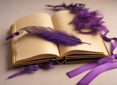 Close-up of an open book with gold-edged pages glowing softly under purple lighting.