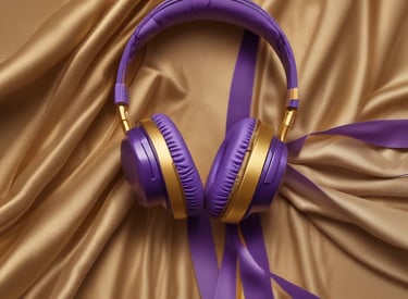 A microphone wrapped with a delicate gold ribbon against a backdrop of deep purple curtains.