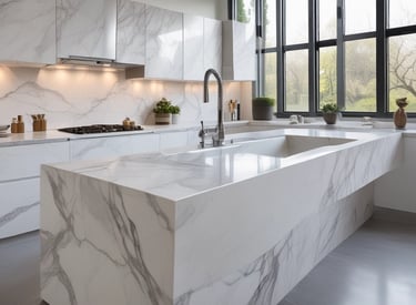 Close-up of a finely carved marble kitchen countertop with natural veins.
