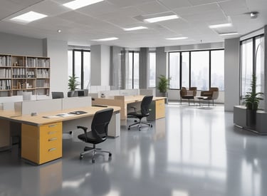 A professional cleaner carefully wiping a modern office desk with natural light streaming through the window.