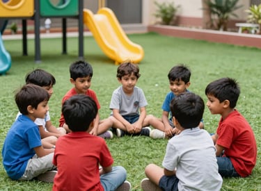Children happily engaged in colorful play areas with educational toys.