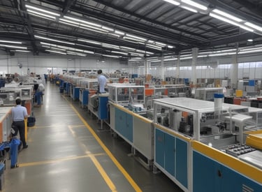 Warehouse shelves stocked with rolls of industrial plastic tapes and packaging materials in a bright, organized space.