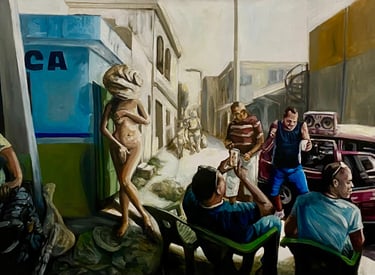 a painting of a man standing in front of a building