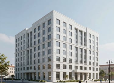 A large-scale commercial building facade clad in warm beige travertine slabs supplied by eterna bori.