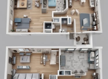 Detailed 3D rendering of a contemporary home interior design with furniture layout.