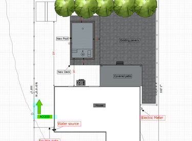 Architectural landscape design plan showing a new pool, deck, covered patio, and garden layout.
