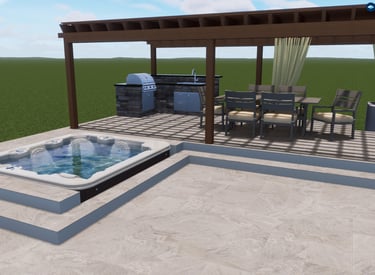 Modern backyard patio with a built-in hot tub, pergola covered dining area, and outdoor kitchen grill.