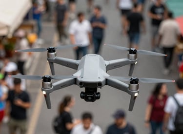 Military drone conducting surveillance over urban environment.