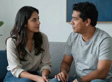 A Hispanic couple sitting on a contemporary sofa, engaging in a calm and respectful conversation, with soft light blue and steel blue accents in the background room.