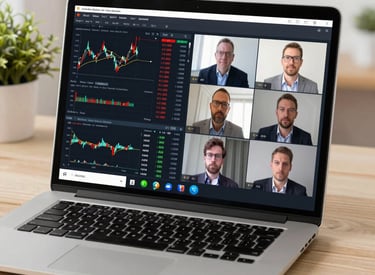A friendly video call between Karen Alonso and a client discussing trading strategies with charts on screen.