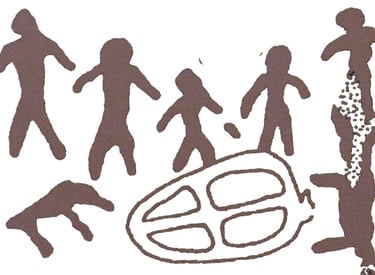 Ancient brown petroglyphs depicting human figures and a tribal wheel symbol on a white background.
