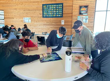 Students working on a board game