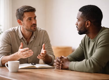 Two diverse professional men in a business meeting discussing a project over coffee and a notebook.