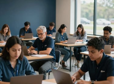 A diverse North American / US learning environment where individuals are engaged in future-skills training. The atmosphere is professional and sophisticated, with natural light pouring through large windows and a color scheme of dark blue and medium blue.