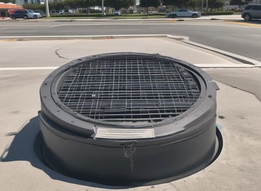 Technician installing a solar-powered remote monitoring device on a manhole cover in a sunny urban area.