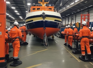 Technicians performing urgent repairs on a ship’s hull at night.