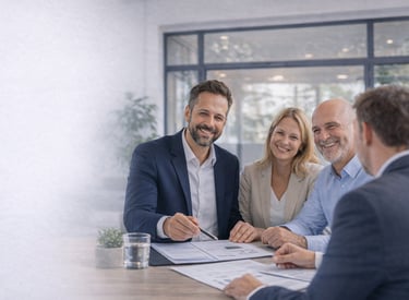 Smiling couple consulting with a professional financial advisor in a modern office setting.