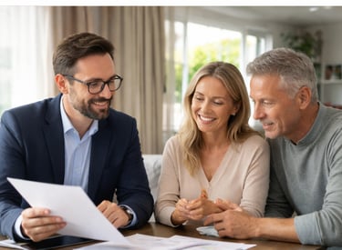 A financial advisor reviewing investment documents with a smiling middle-aged couple at home.