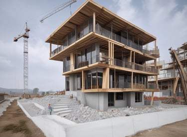A construction team coordinating work on a building site, showcasing collaboration and precision.
