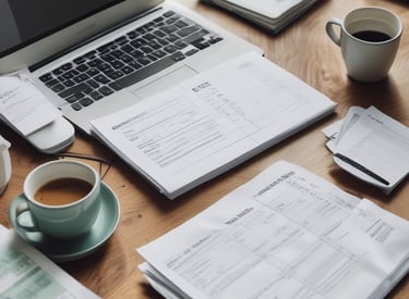 A small business owner reviewing neatly organized financial documents with a laptop open nearby.