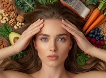 Woman's face surrounded by healthy foods for skin and hair growth, including salmon, nuts, and leafy greens.
