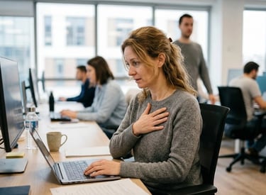 Woman at work pausing with her hand on her chest — experiencing an invisible somatic perimenopause symptom 