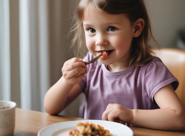 Close-up of a child eating healthy food during a selective eating therapy session.