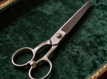 A high-angle professional shot of vintage ornate scissors displayed on a dark green velvet tray, North American / US library setting, elegant and classic lighting, highlighting the intricate metallic details and historical charm.
