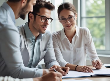 An entrepreneur consulting with a financial advisor over investments .