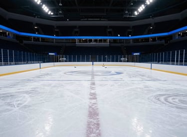 Wide-angle photography of a pristine ice hockey rink in a North American / US Southern university arena, deep blue shadows on the ice, brilliant white stadium lighting, professional atmosphere.