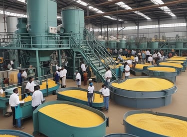 A modern industrial facility with clean design and safety signage.