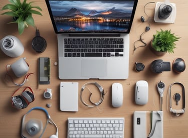 An influencer showcasing a new tech gadget in a cozy home environment.