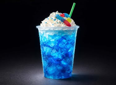 Savage Sodas electric blue energy fusion dirty soda topped with whipped cream and candy