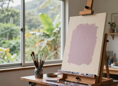 A bright and airy artist studio in South America, with large windows looking out to lush greenery. A wooden easel holds a canvas, and high-quality brushes are neatly arranged. The style is professional and stimulating, featuring a palette of muted mauve and cream.